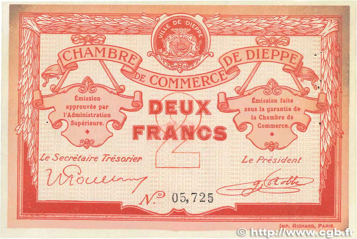 2 Francs FRANCE Regionalismus und verschiedenen Dieppe 1918 JP.052.07 VZ