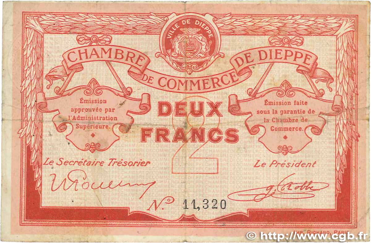 2 Francs FRANCE Regionalismus und verschiedenen Dieppe 1918 JP.052.07 S