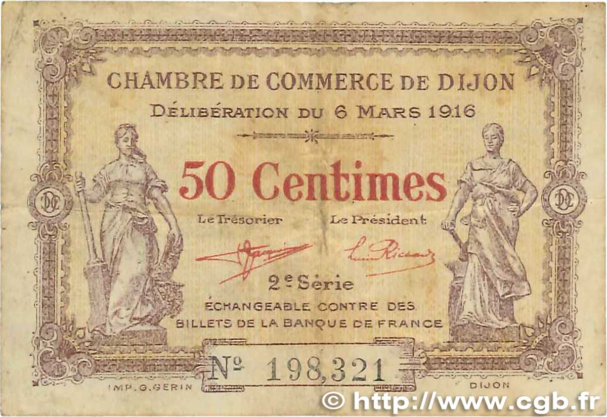 50 Centimes FRANCE regionalismo y varios Dijon 1916 JP.053.07 BC