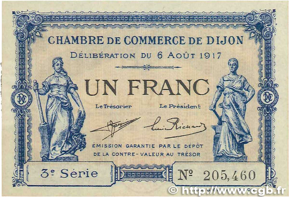 1 Franc FRANCE regionalism and miscellaneous Dijon 1917 JP.053.14 AU