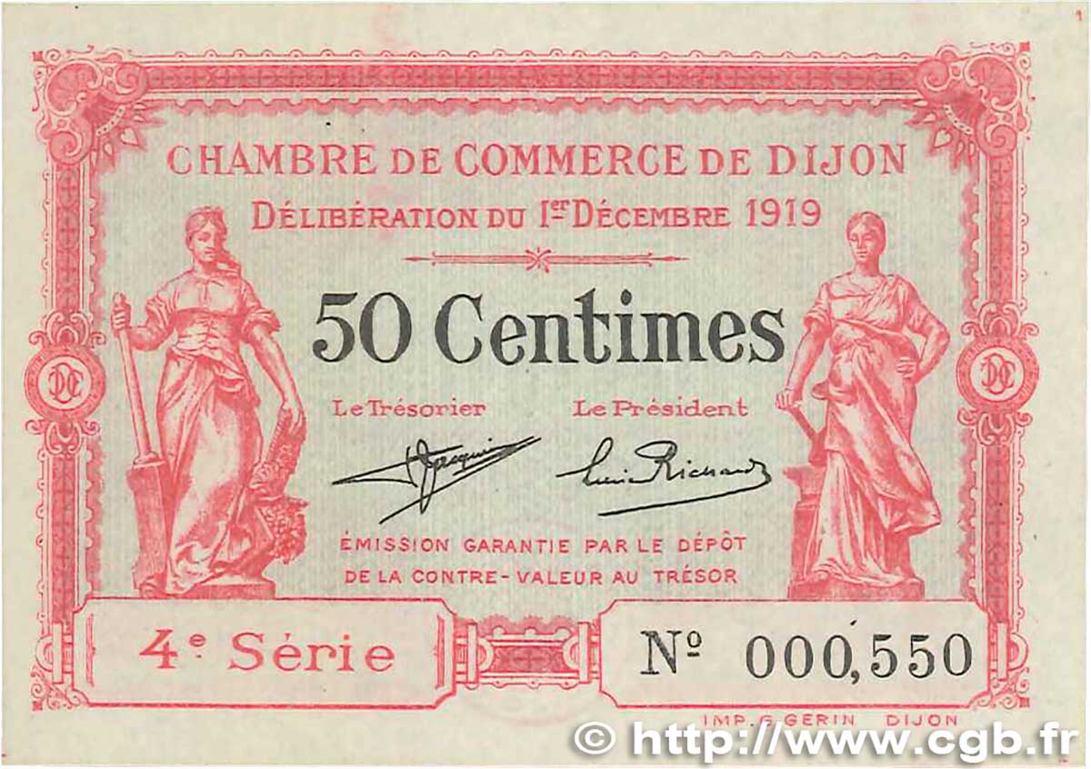 50 Centimes FRANCE Regionalismus und verschiedenen Dijon 1919 JP.053.17 fST+