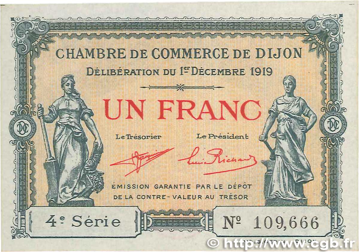 1 Franc FRANCE Regionalismus und verschiedenen Dijon 1919 JP.053.20 fST+