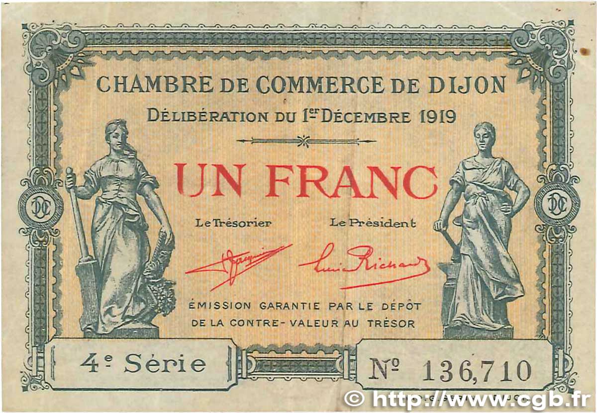 1 Franc FRANCE regionalism and various Dijon 1919 JP.053.20 VF