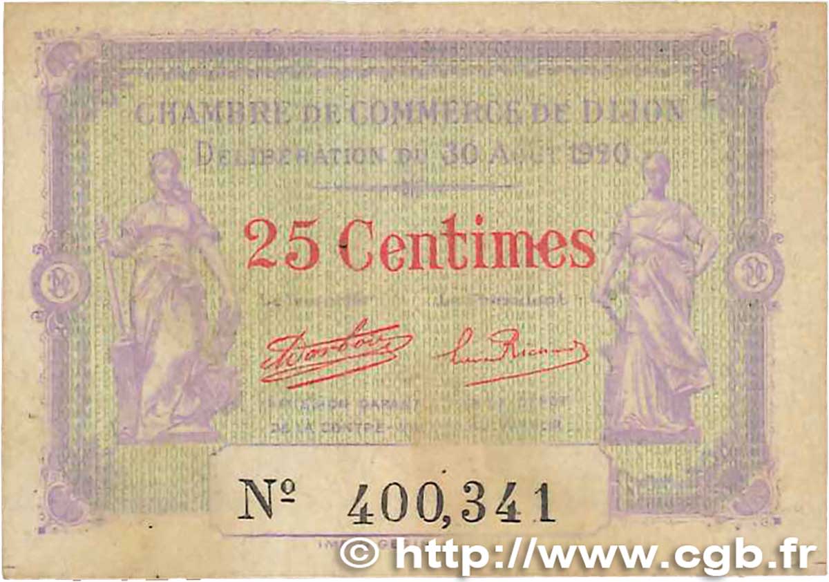 25 Centimes FRANCE regionalism and miscellaneous Dijon 1920 JP.053.23 VF
