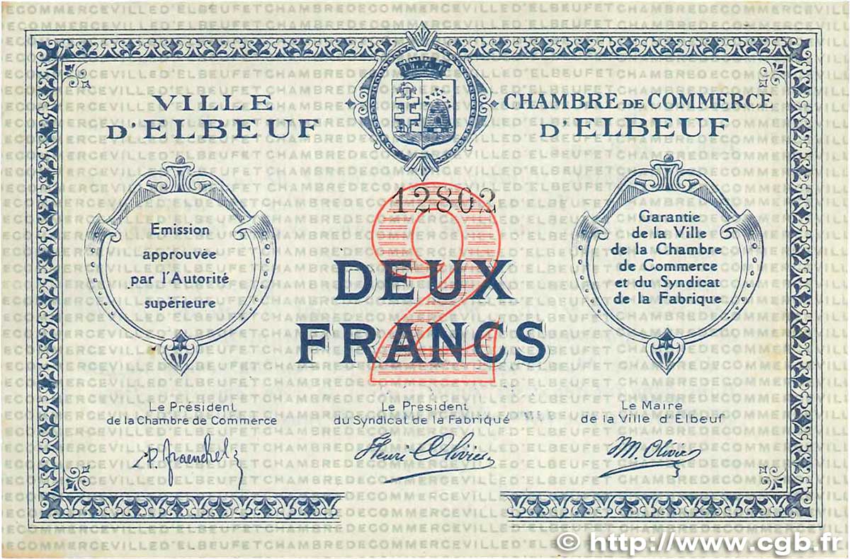 2 Francs FRANCE Regionalismus und verschiedenen Elbeuf 1918 JP.055.03 fST