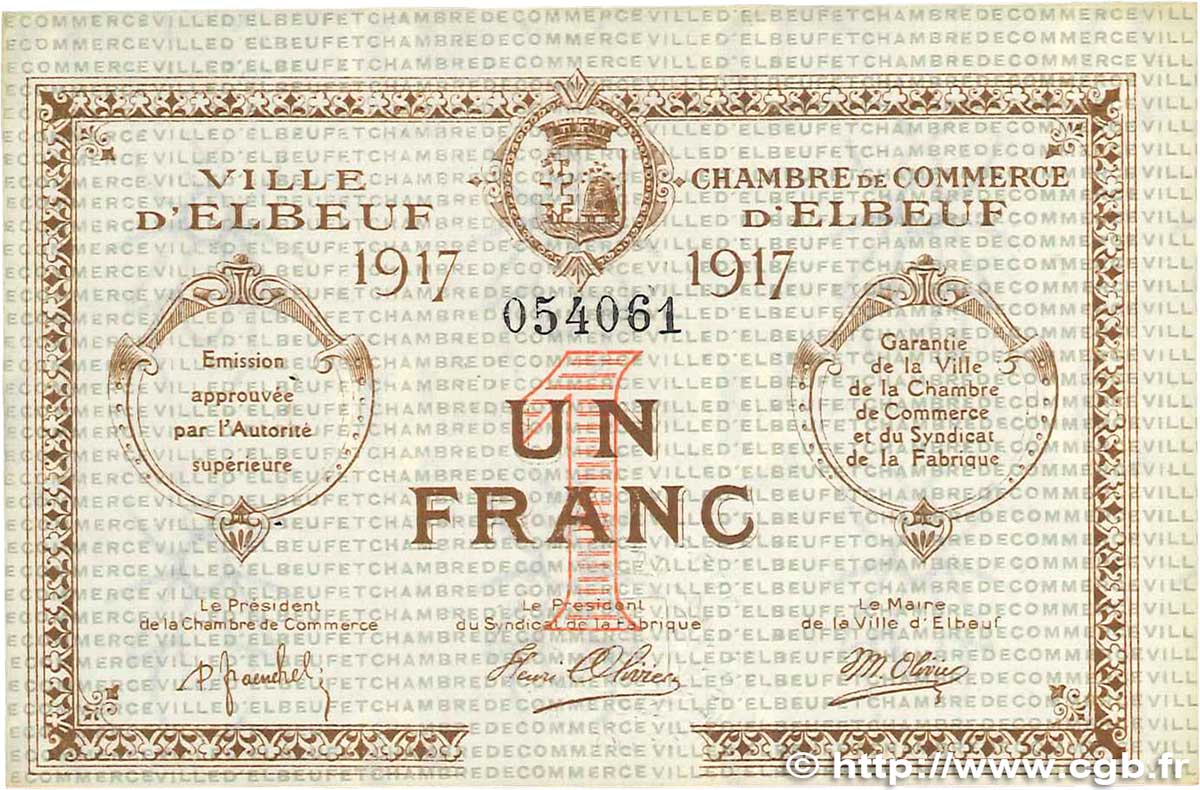 1 Franc FRANCE regionalism and miscellaneous Elbeuf 1917 JP.055.11 XF