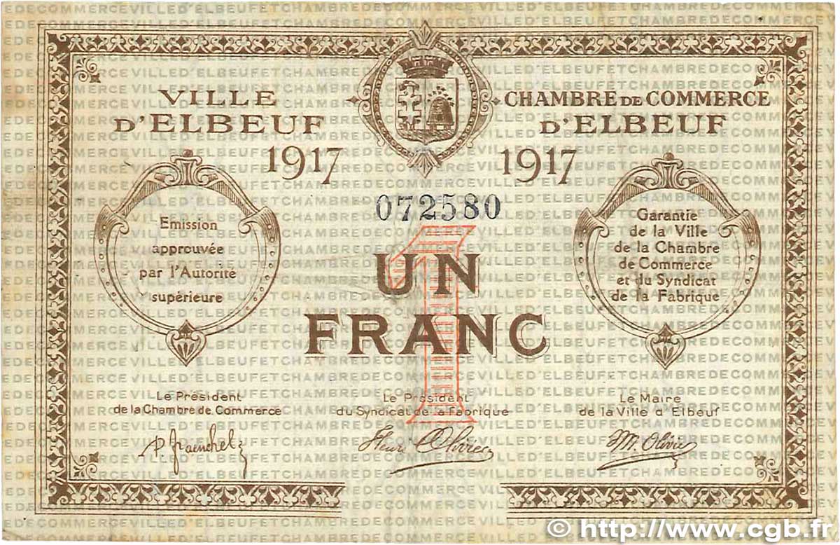 1 Franc FRANCE regionalismo y varios Elbeuf 1917 JP.055.11 BC+