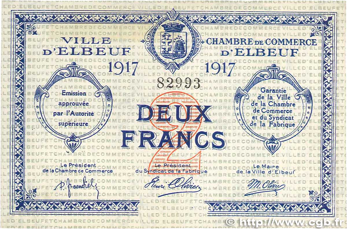 2 Francs FRANCE Regionalismus und verschiedenen Elbeuf 1917 JP.055.13 VZ
