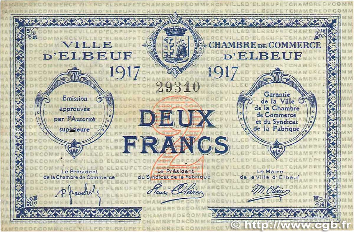 2 Francs FRANCE regionalism and various Elbeuf 1917 JP.055.13 VF-