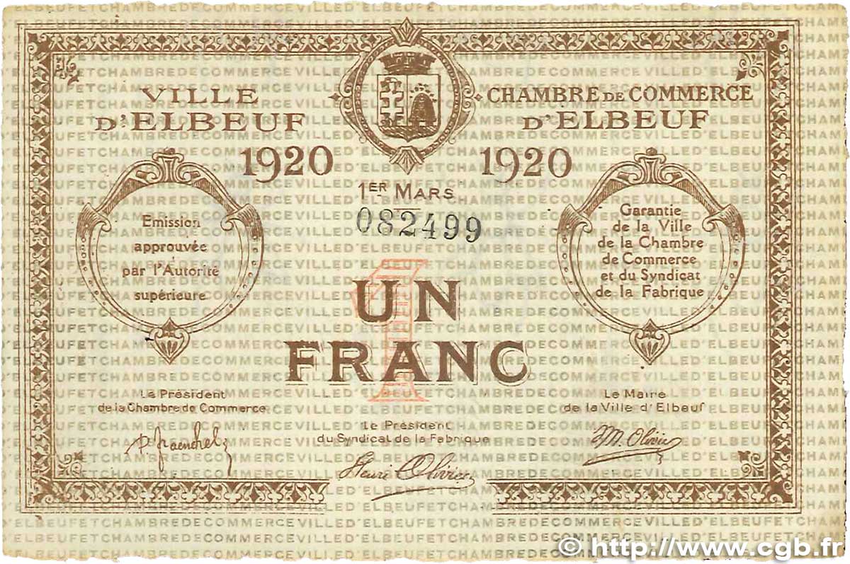 1 Franc FRANCE regionalismo y varios Elbeuf 1920 JP.055.17 EBC