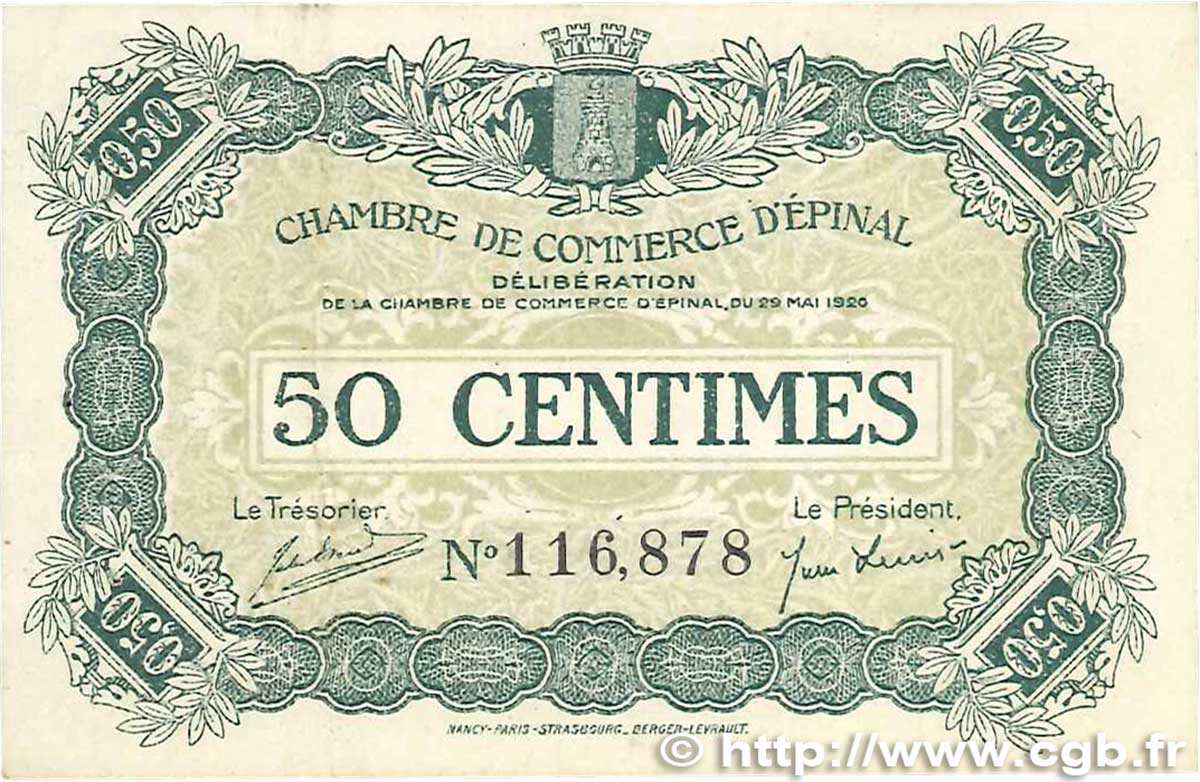 50 Centimes FRANCE regionalismo y varios Épinal 1920 JP.056.01 MBC+