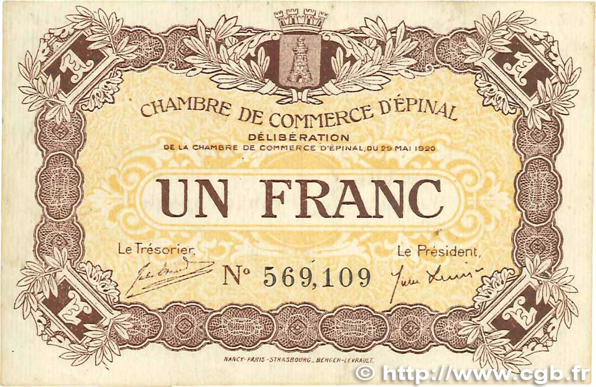 1 Franc FRANCE Regionalismus und verschiedenen Épinal 1920 JP.056.05 VZ+