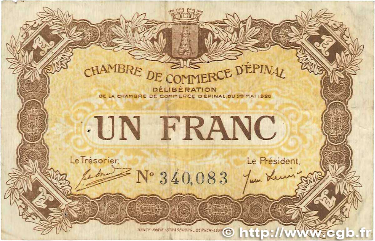 1 Franc FRANCE regionalismo y varios Épinal 1920 JP.056.05 BC+