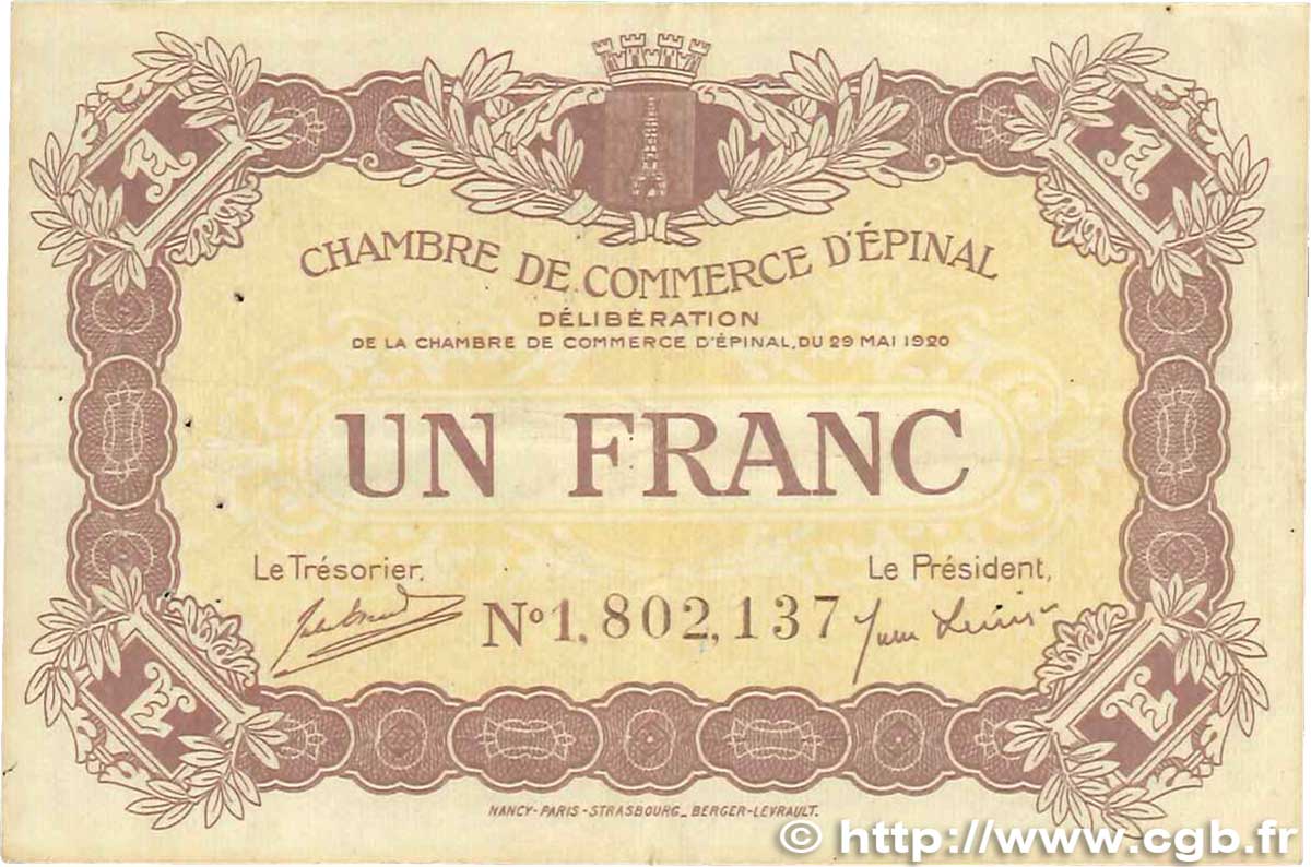 1 Franc FRANCE regionalism and various Épinal 1920 JP.056.10 VF+