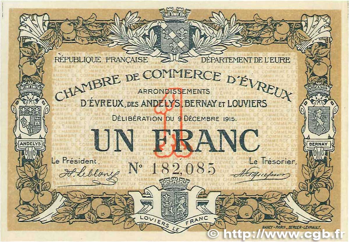 1 Franc FRANCE Regionalismus und verschiedenen Évreux 1915 JP.057.01 fST