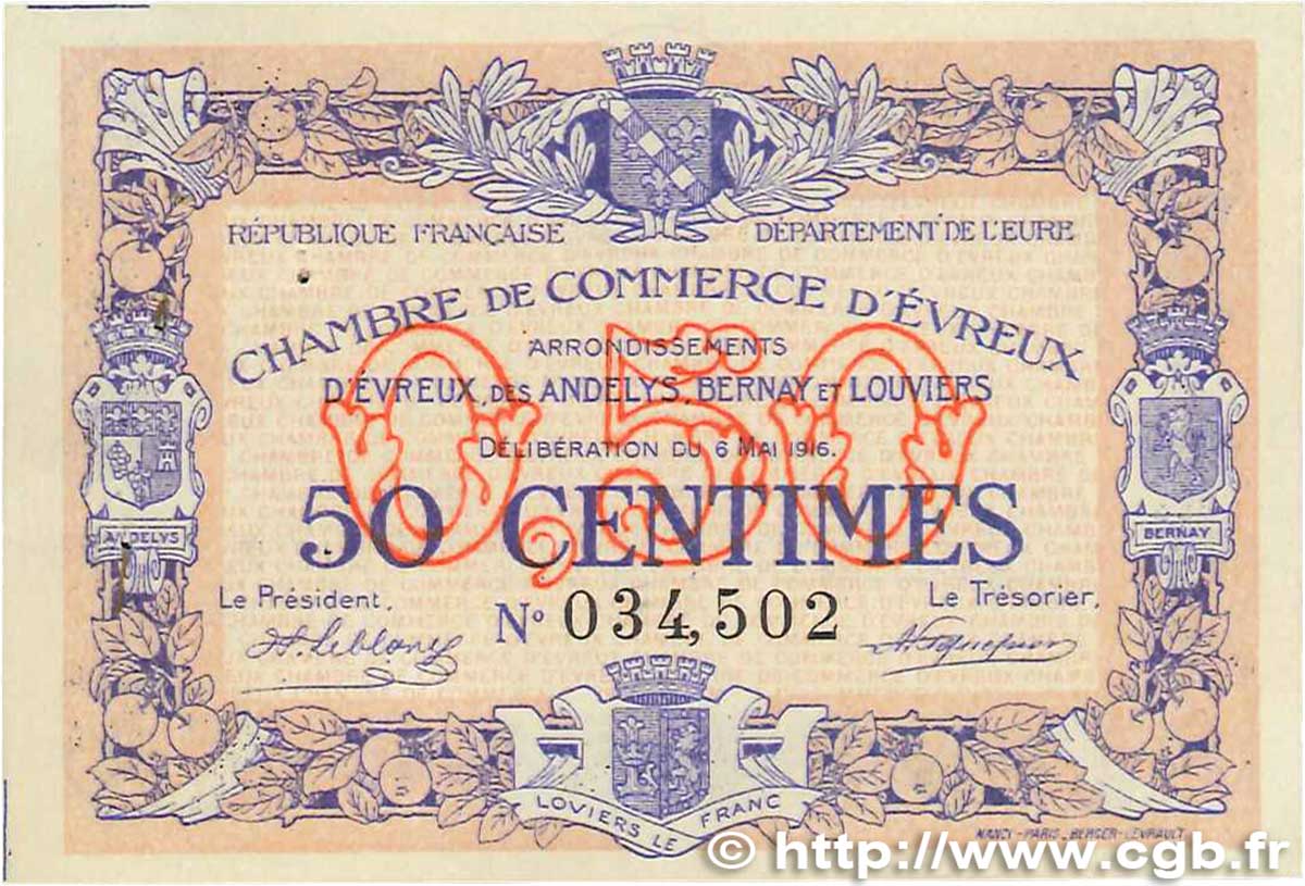 50 Centimes FRANCE regionalism and miscellaneous Évreux 1916 JP.057.02 AU-