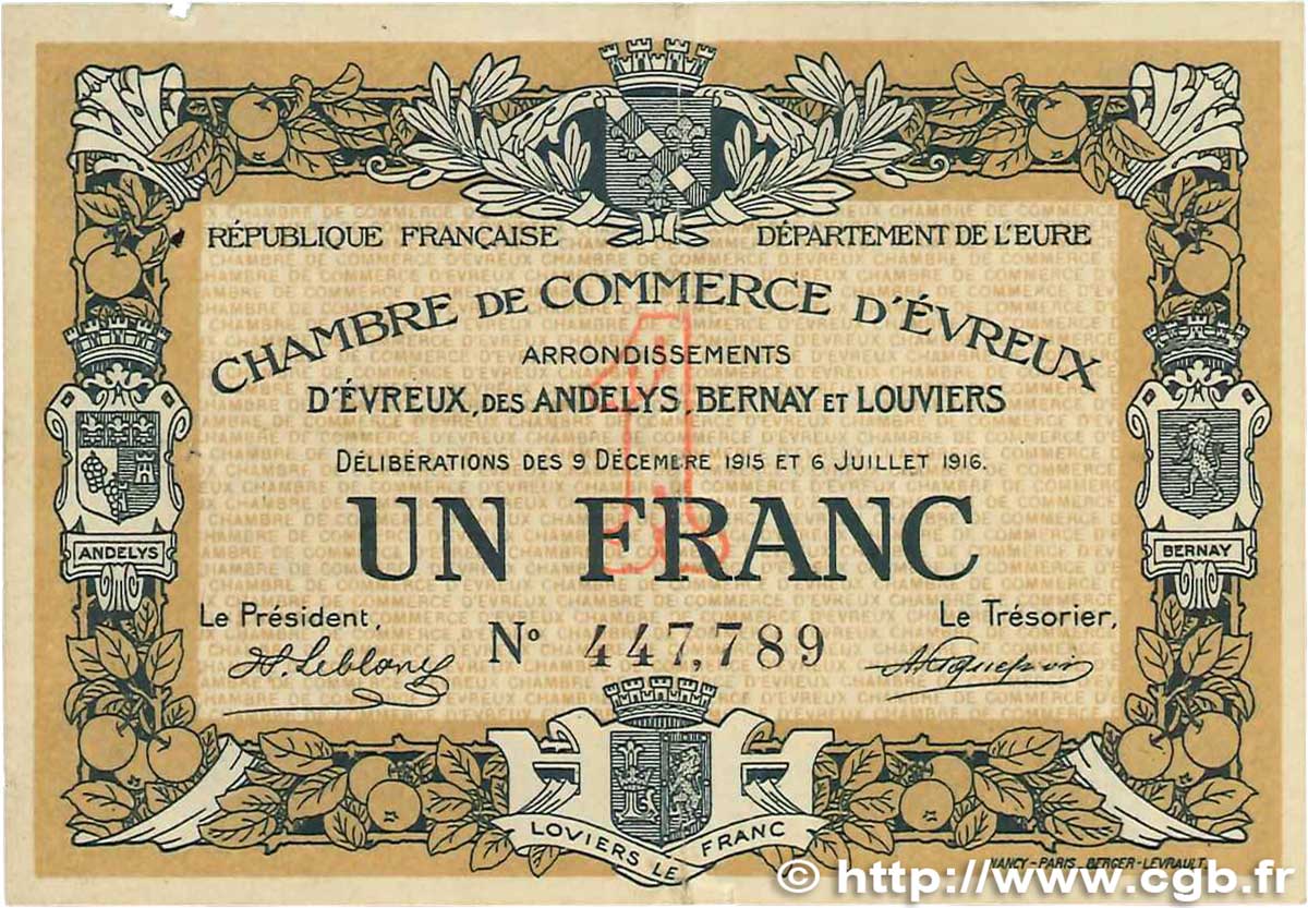 1 Franc FRANCE regionalismo e varie Évreux 1915 JP.057.09 SPL