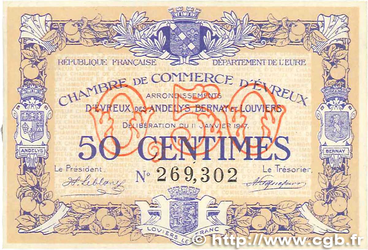 50 Centimes FRANCE regionalism and miscellaneous Évreux 1917 JP.057.10 AU