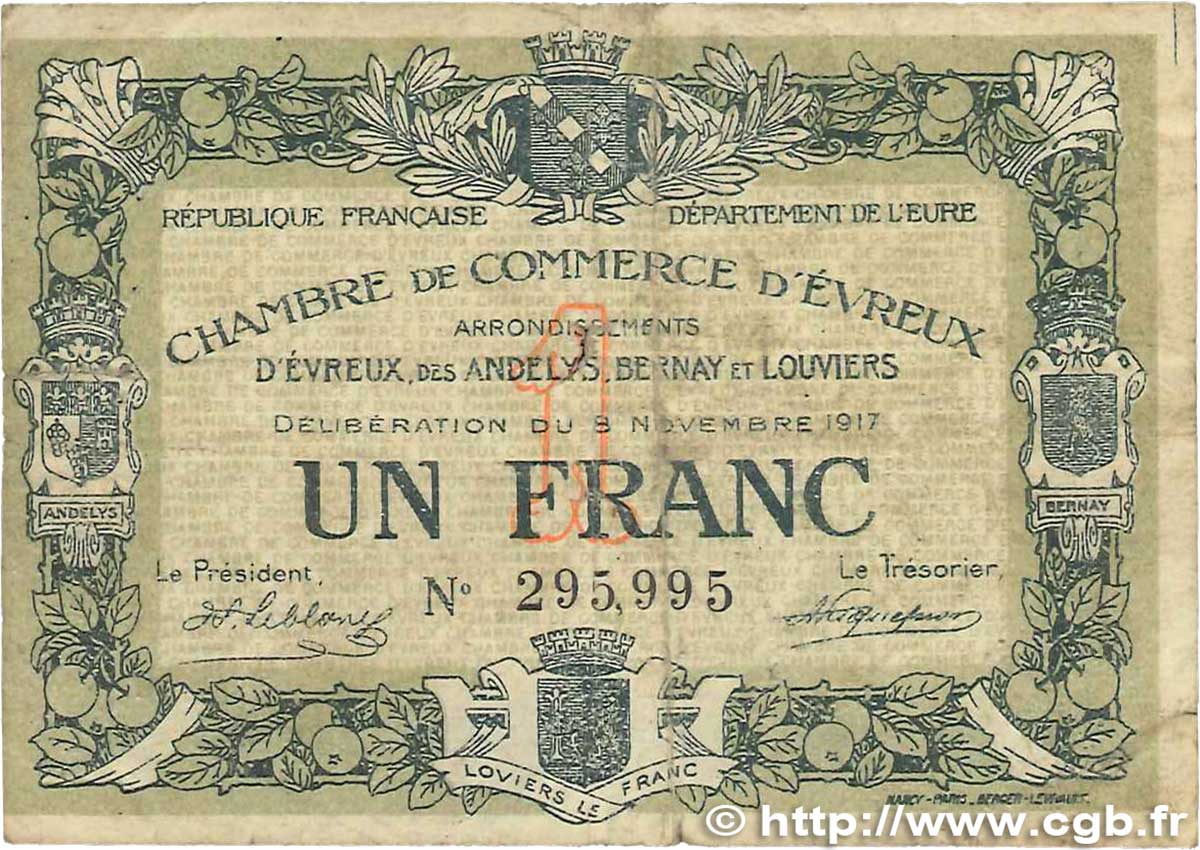1 Franc FRANCE regionalismo y varios Évreux 1917 JP.057.12 RC