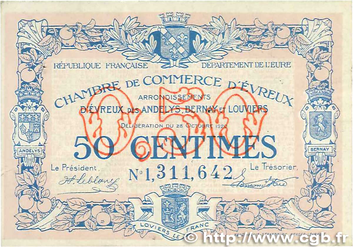 50 Centimes FRANCE regionalism and miscellaneous Évreux 1920 JP.057.18 VF+
