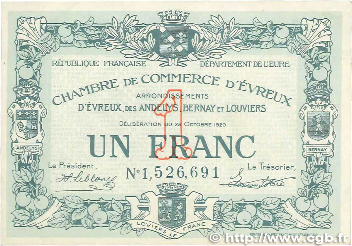 1 Franc FRANCE regionalism and miscellaneous Évreux 1920 JP.057.19 XF+
