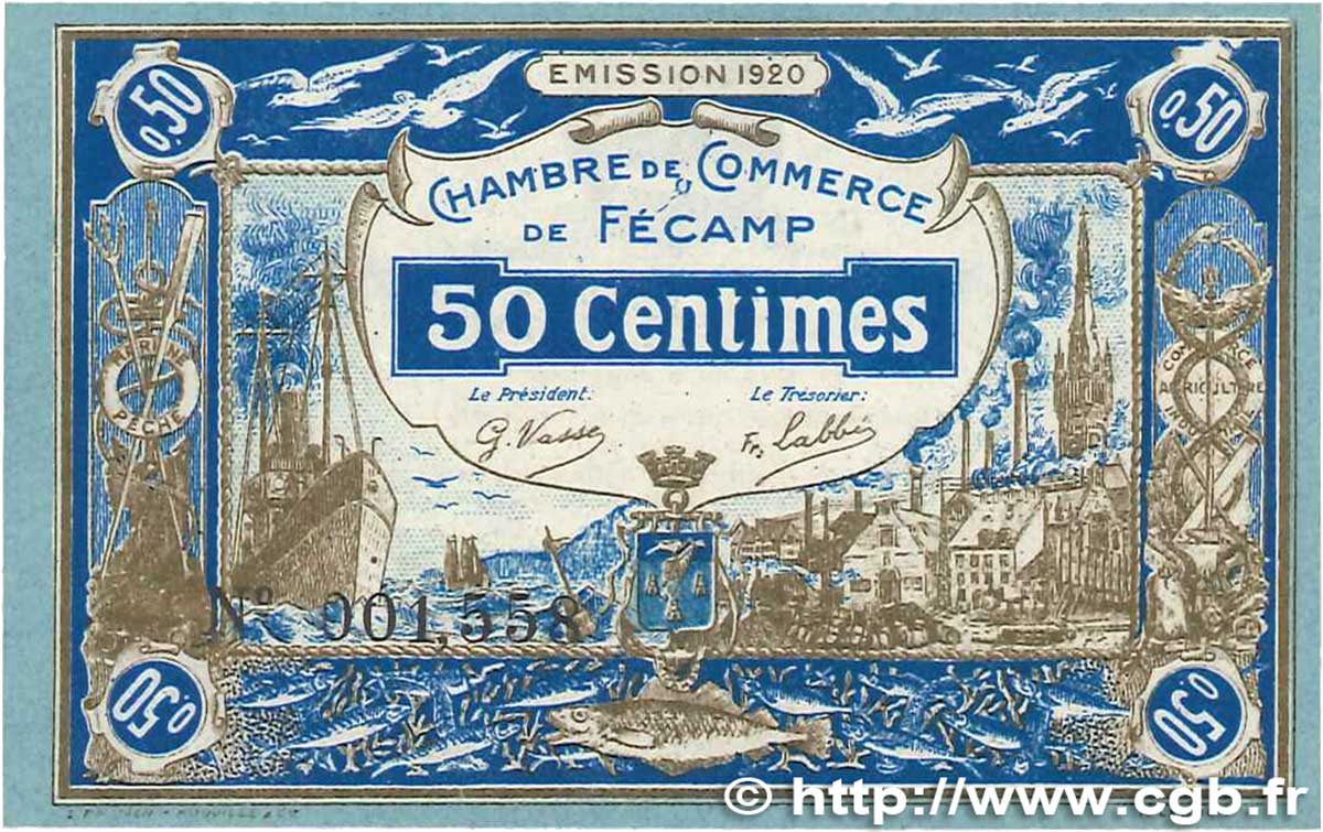 50 Centimes FRANCE regionalismo y varios Fécamp 1920 JP.058.01 FDC