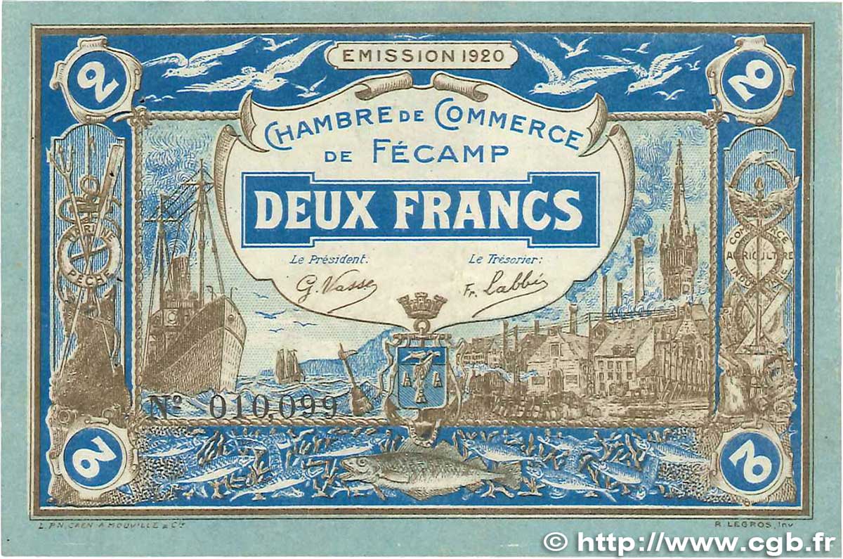 2 Francs FRANCE regionalism and miscellaneous Fécamp 1920 JP.058.05 VF+