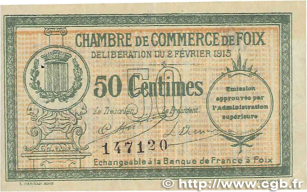 50 Centimes FRANCE regionalism and various Foix 1915 JP.059.05 XF