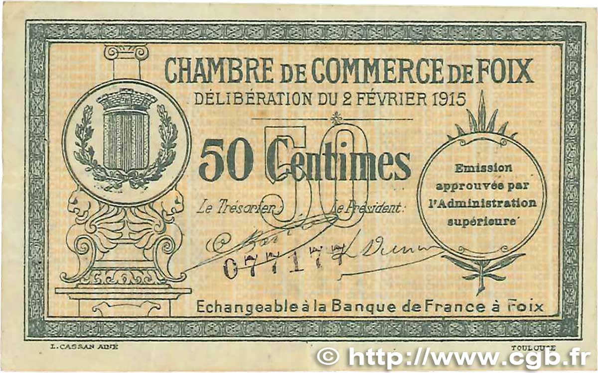 50 Centimes FRANCE régionalisme et divers Foix 1915 JP.059.05var. TTB