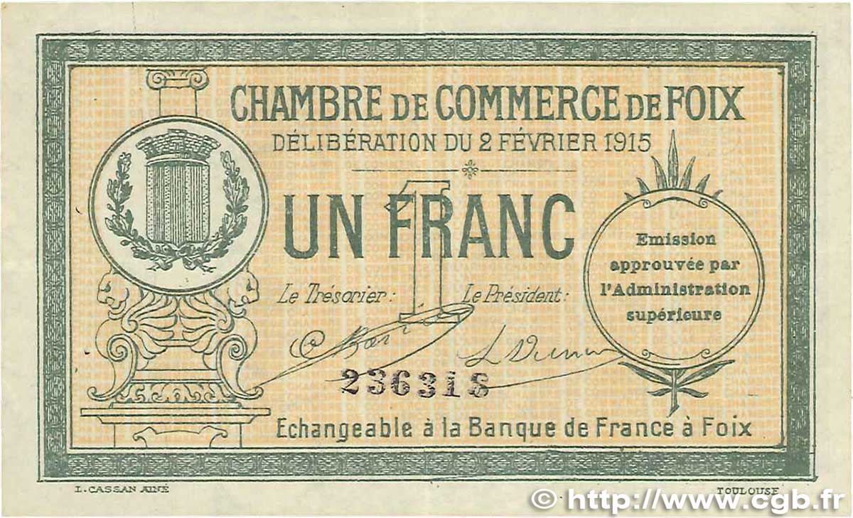 1 Franc FRANCE regionalism and miscellaneous Foix 1915 JP.059.10 VF+
