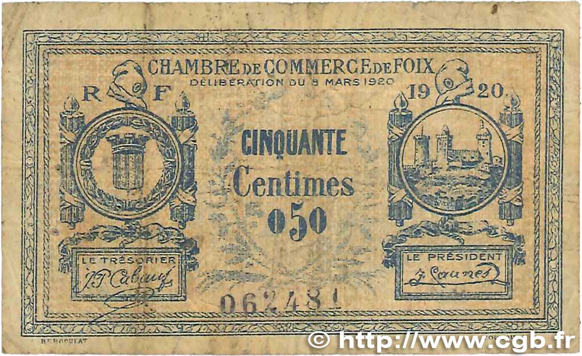50 Centimes FRANCE regionalism and miscellaneous Foix 1920 JP.059.13 G