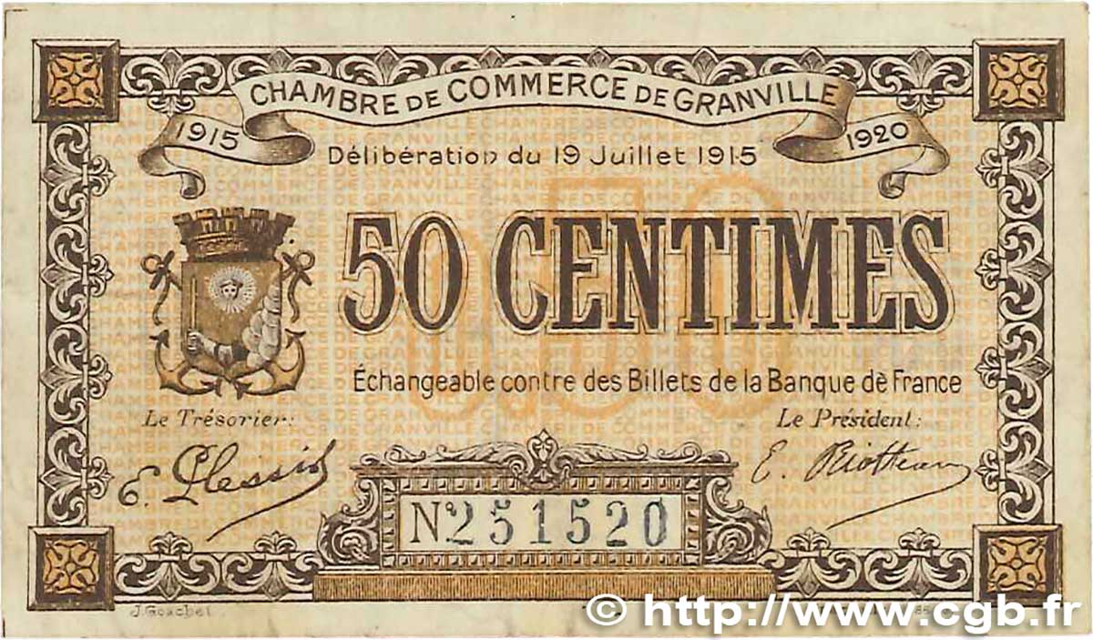 50 Centimes FRANCE Regionalismus und verschiedenen Granville 1915 JP.060.01 SS