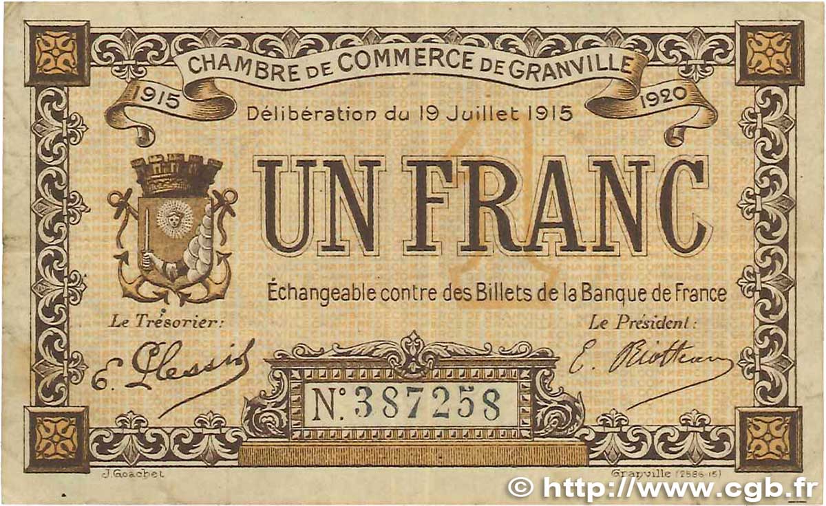 1 Franc FRANCE regionalism and various Granville 1915 JP.060.04 VF