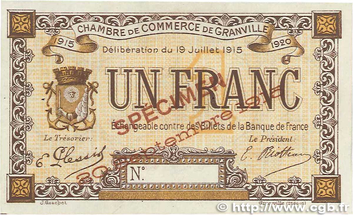 1 Franc Spécimen FRANCE Regionalismus und verschiedenen Granville 1915 JP.060.05 fST