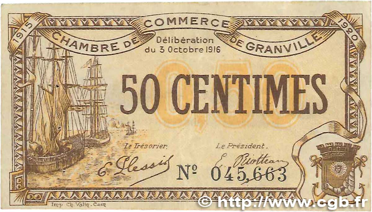 50 Centimes FRANCE Regionalismus und verschiedenen Granville 1916 JP.060.07 fVZ