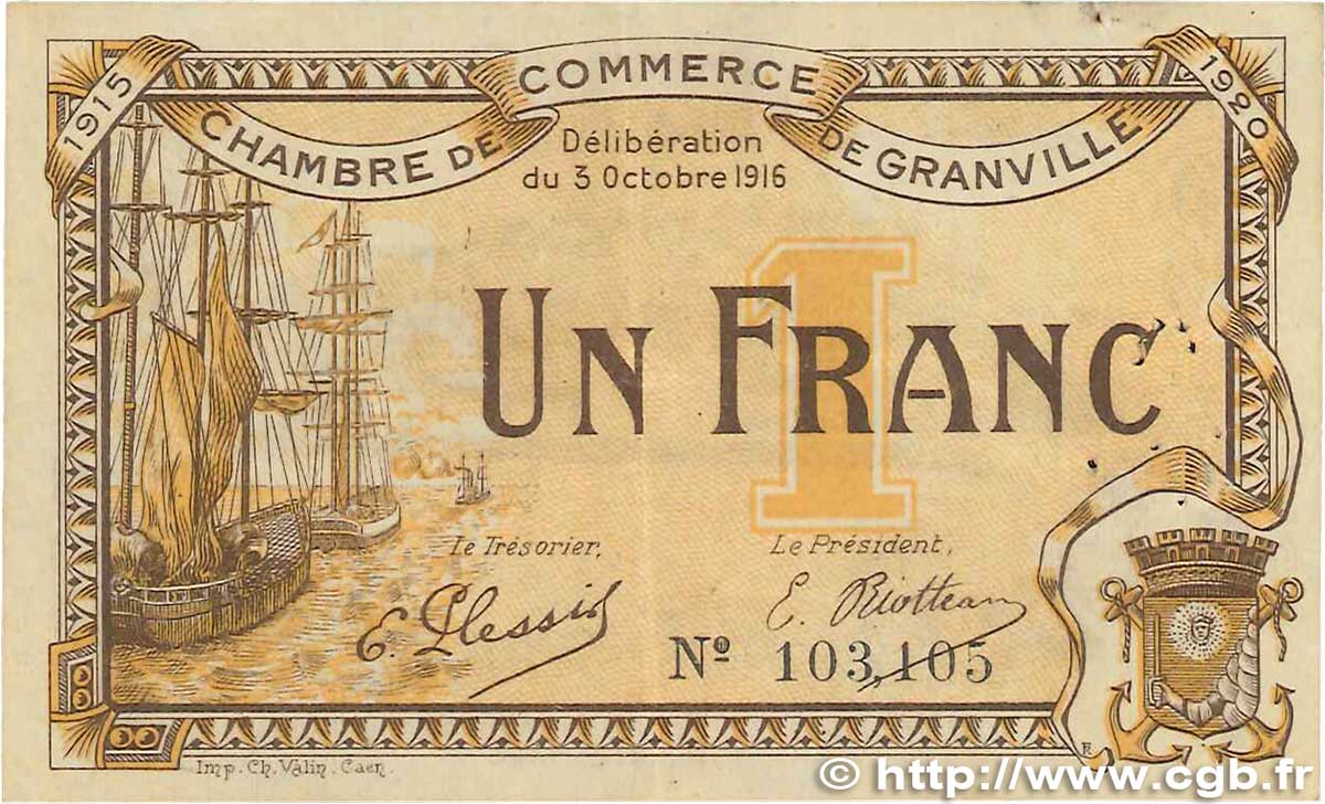 1 Franc FRANCE regionalism and miscellaneous Granville 1916 JP.060.09 VF+