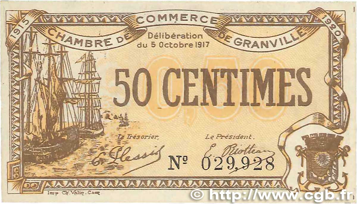 50 Centimes FRANCE Regionalismus und verschiedenen Granville 1917 JP.060.11 fST