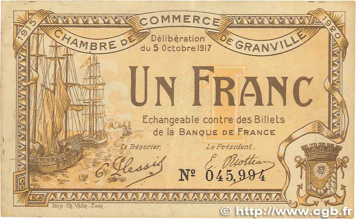 1 Franc FRANCE regionalism and various Granville 1917 JP.060.13 VF+
