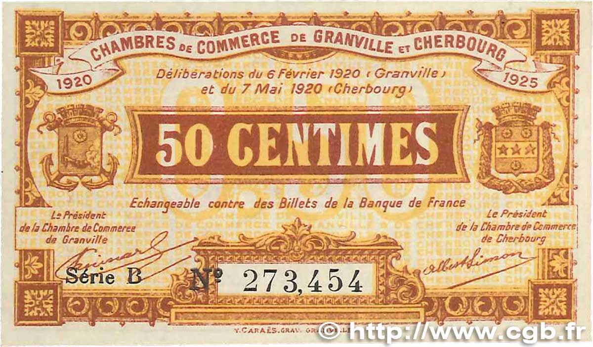 50 Centimes FRANCE regionalism and various Granville et Cherbourg 1920 JP.061.01 UNC-