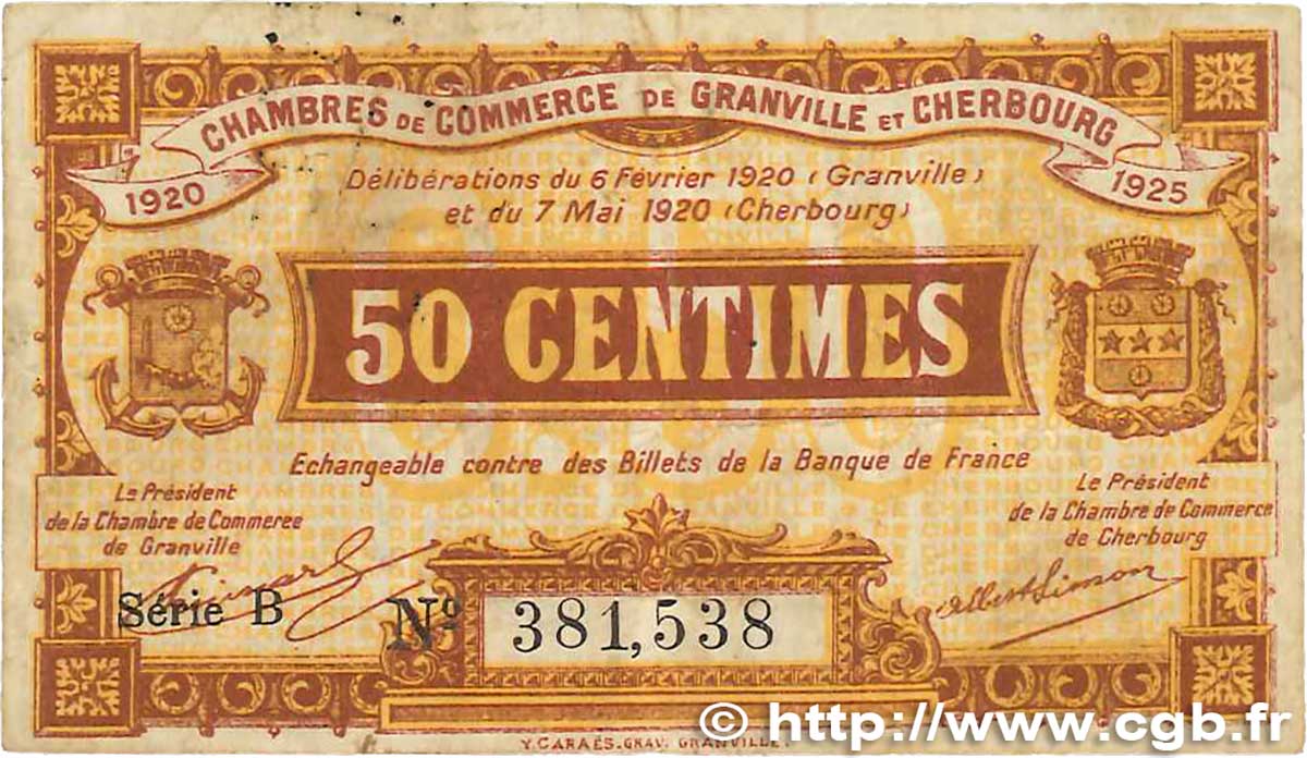 50 Centimes FRANCE regionalismo y varios Granville et Cherbourg 1920 JP.061.01 BC+