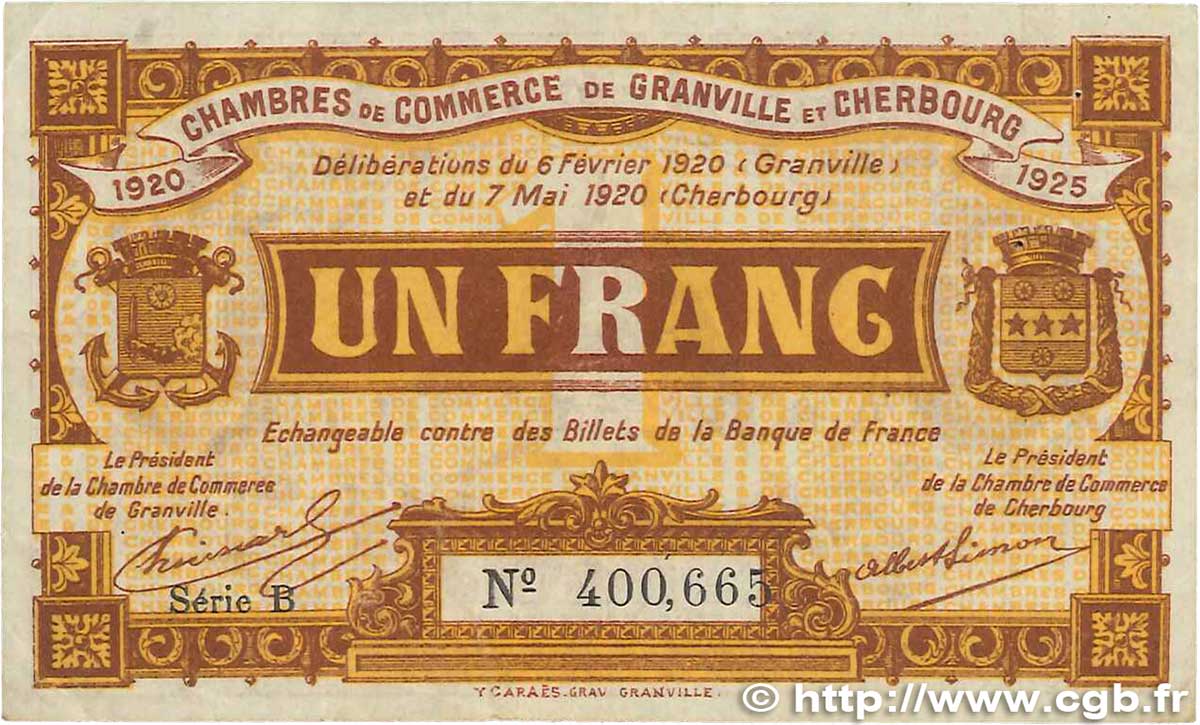 1 Franc FRANCE Regionalismus und verschiedenen Granville et Cherbourg 1920 JP.061.03 SS