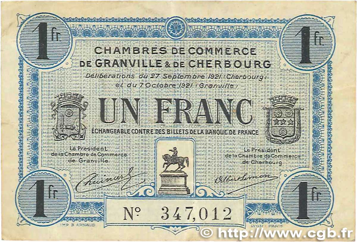 1 Franc FRANCE Regionalismus und verschiedenen Granville et Cherbourg 1921 JP.061.08 SS