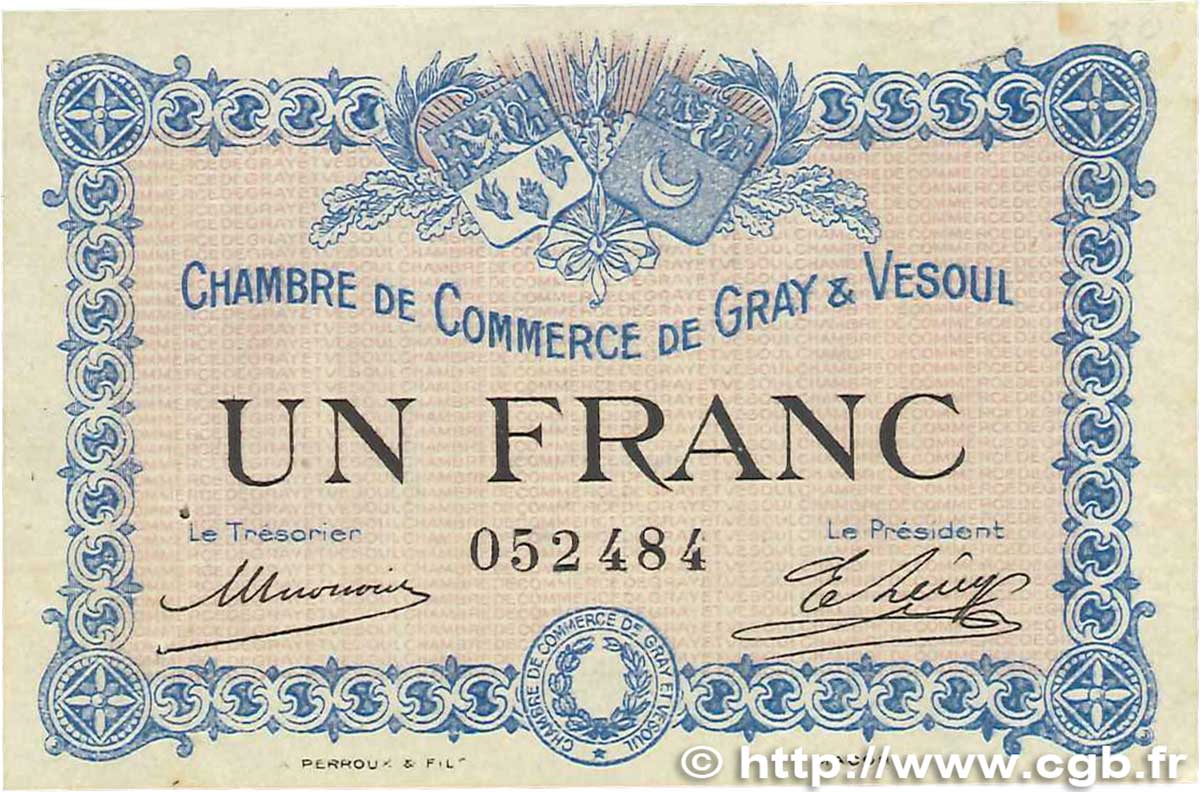 1 Franc FRANCE Regionalismus und verschiedenen Gray et Vesoul 1915 JP.062.03 VZ