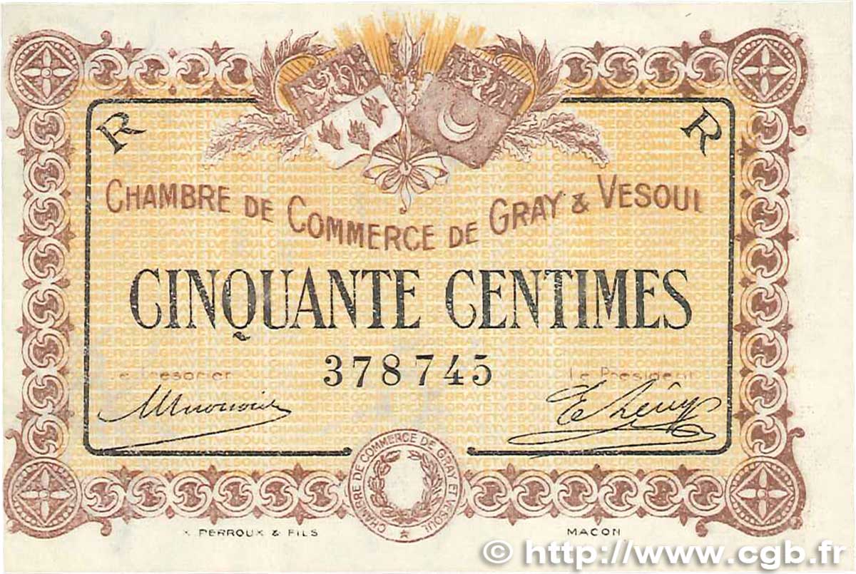 50 Centimes FRANCE regionalism and various Gray et Vesoul 1915 JP.062.07 XF+