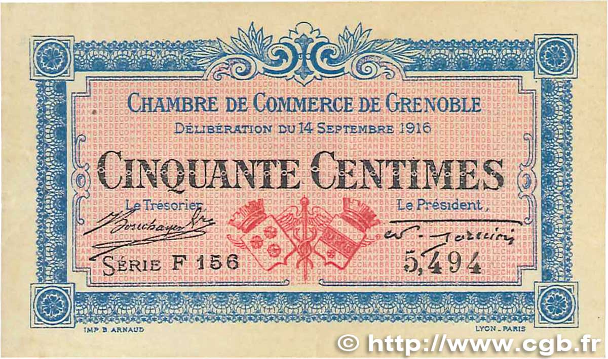 50 Centimes FRANCE regionalism and various Grenoble 1916 JP.063.03 XF