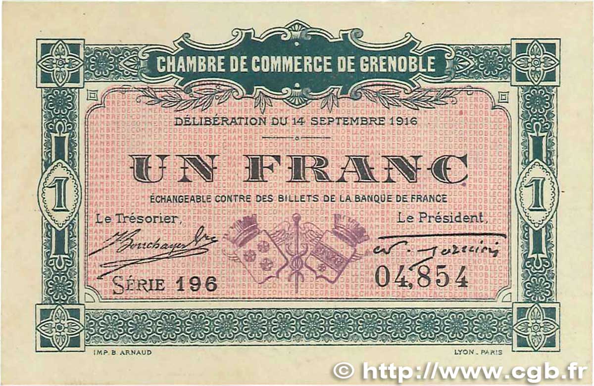1 Franc FRANCE regionalism and various Grenoble 1916 JP.063.06 AU-