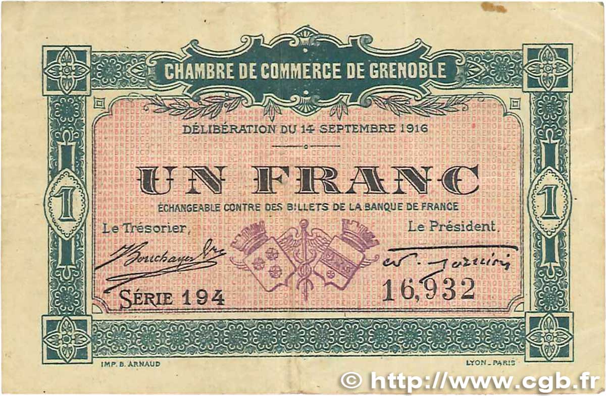 1 Franc FRANCE regionalism and various Grenoble 1916 JP.063.06 VF