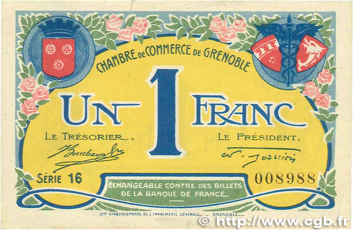 1 Franc FRANCE regionalism and miscellaneous Grenoble 1917 JP.063.20 VF+