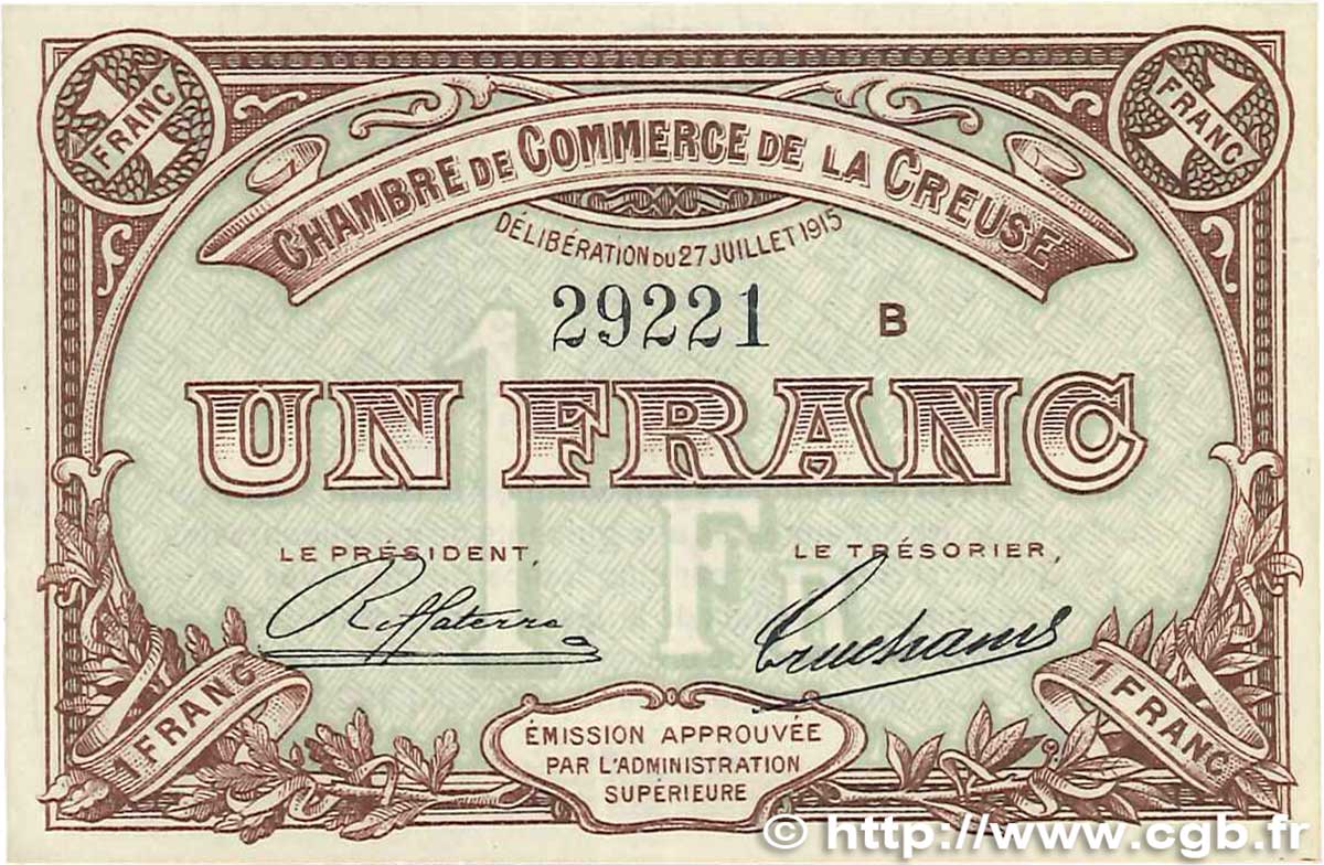 1 Franc FRANCE regionalismo y varios Guéret 1915 JP.064.03 SC