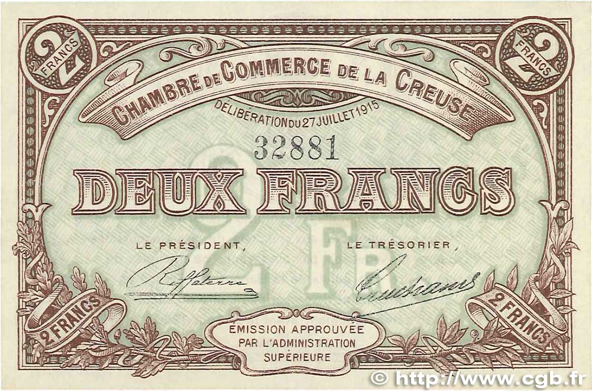 2 Francs FRANCE Regionalismus und verschiedenen Guéret 1915 JP.064.05 fST+
